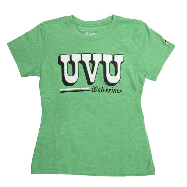 Kelly green tee with a retro inspired "UVU" over the top of a cursive "wolverines", one green line and a black line on right of "wolverines".